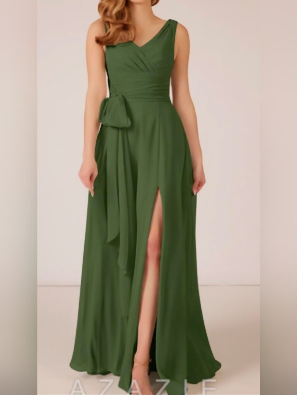 NWT Azazie Bianca Olive Green Sleeveless Maxi Slit Dress Size A12